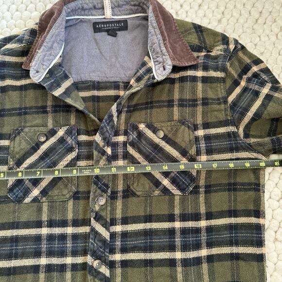 Aeropostale Mens Small Barn Coat Flannel Shacket Green Plaid Corduroy Trim Chore - Picture 8 of 9